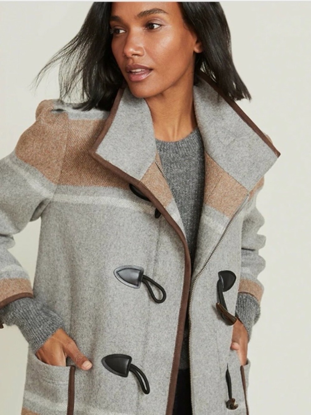 Veronica Beard Gray and Camel Wool-Blend Toggle Pea Coat